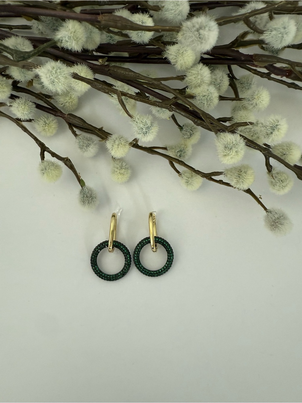 Gold Hoop Earrings with Dark Green Pave Circle Accents
